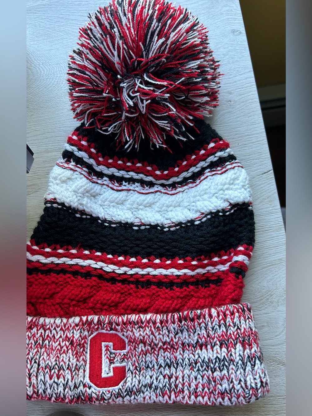 Sport-Tek  Pom Pom Beanie Hat - Red, Black & White